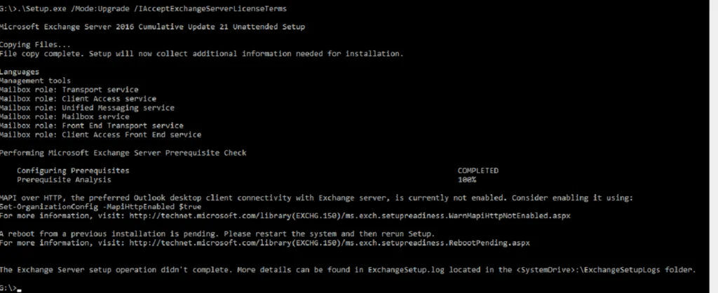 Exchange 2016:- a reboot from a previous installation is pending.